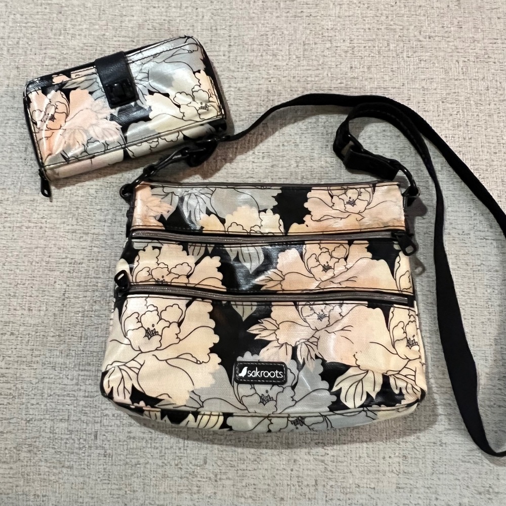 Sakroots Crossbody Purse & Wallet Set Floral Print Black Pink Beige Shoulder Bag